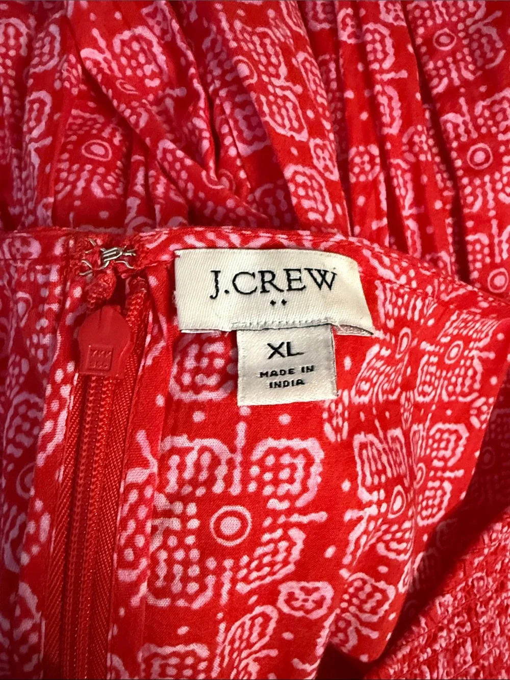 J. CREW Dress Smocked Boatneck Midi Cerise Lotus Bloom Pockets 100% Cotton XL